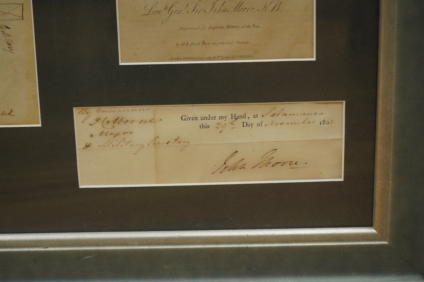 A framed Napoleonic military document relating to Lieutenant General Sir John Moore and the Peninsula Wars, including details of the placing of infantry units and signed on a partly pre-printed official document at Salam